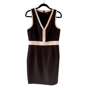 Worth New York Sleeveless V-Neck Colorblock Sheath Dress Brown Cream Size 12